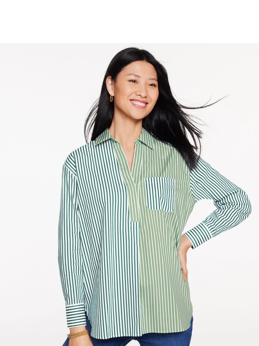 Talbots Striped Green Teal and White Poplin Shirt, Medium